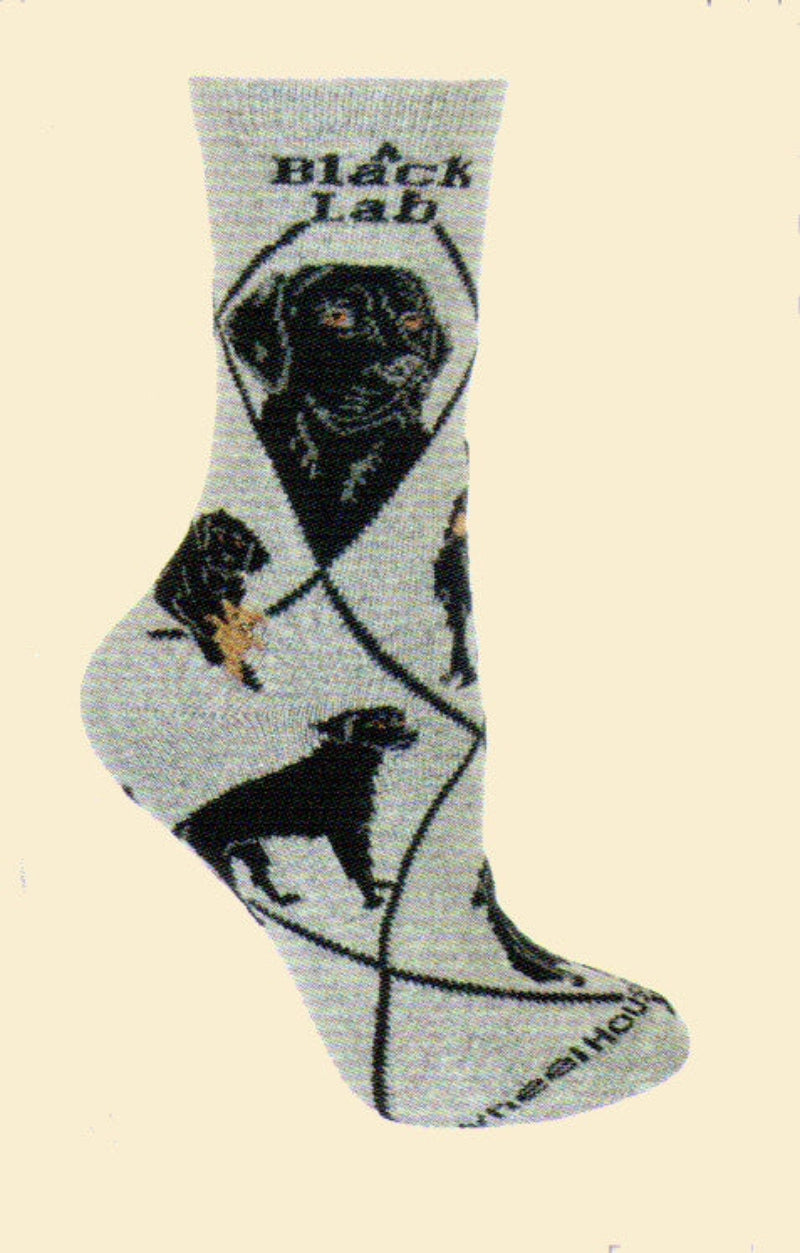 Wheel House Designs Black Lab on Grey has two profiles of Black Labs and then Poses all over the sock.