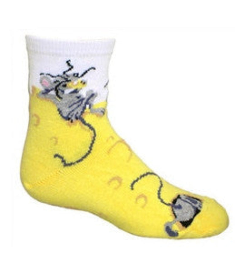 Wheel House Designs Cheese Mouse Children Sock has several Grey with White and Black Mice all over the Yellow Cheese with Pumpkin colored semicircles for holes, The Cuff is White.