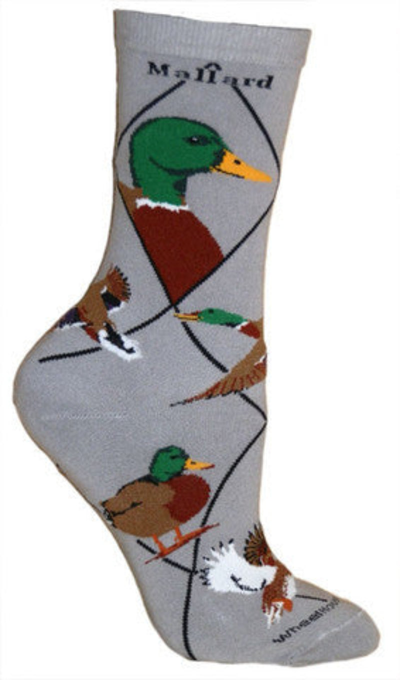 Wheel House Designs Mallard Duck Sock Medium is on a Grey Background with the word Mallard on Top, profile graphic with other graphics around the sock of male and female mallards.