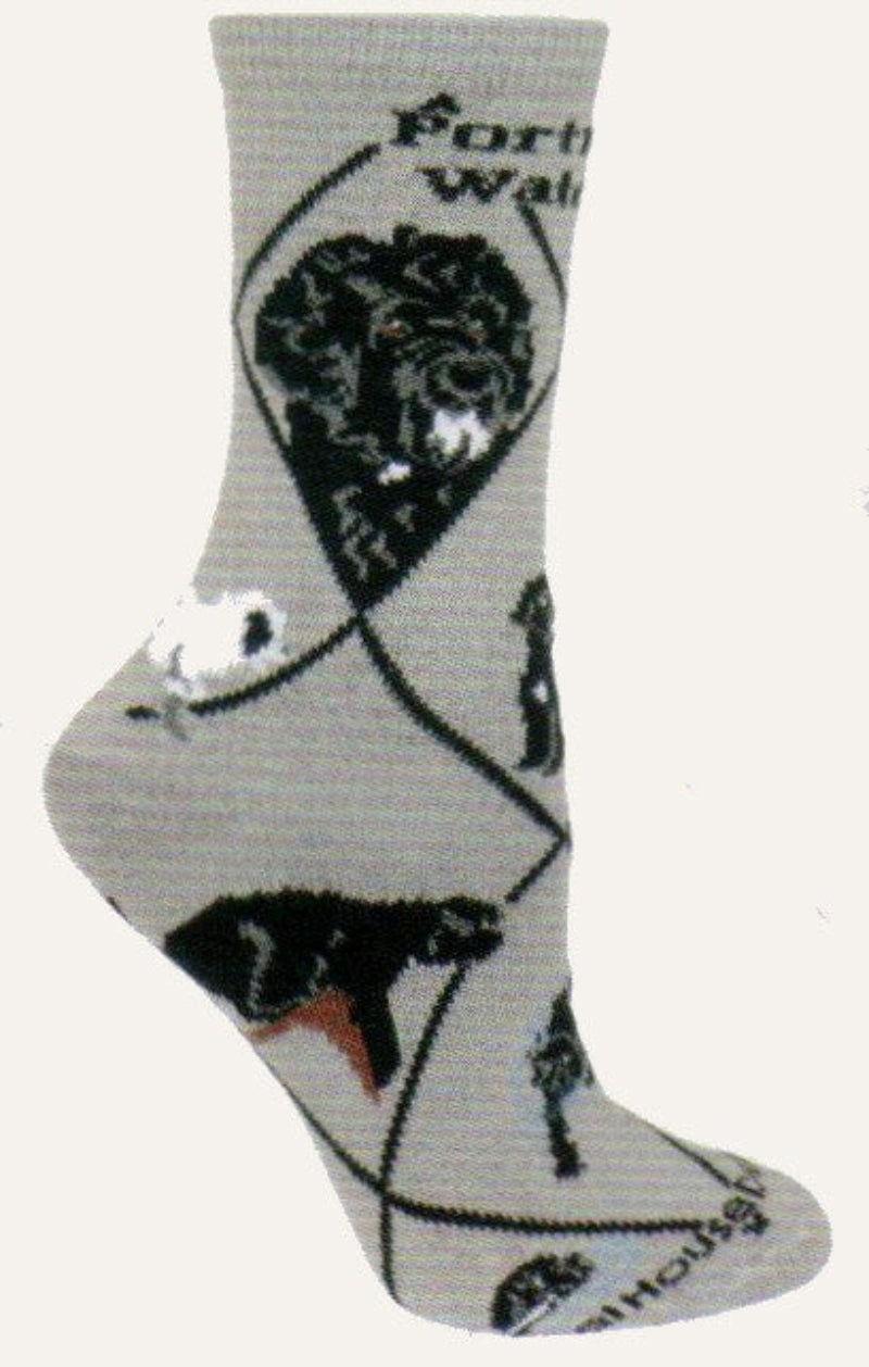 The Portuguese Water Dog starts on a Grey background. The Words and Diamond Lines are in Black, saying Portuguese Water Dog at the top. The Portraits are mostly Black and Grey. The Poses show they can be White, they are Running, in a Stance Jumping of a Board and Swimming in Water.
