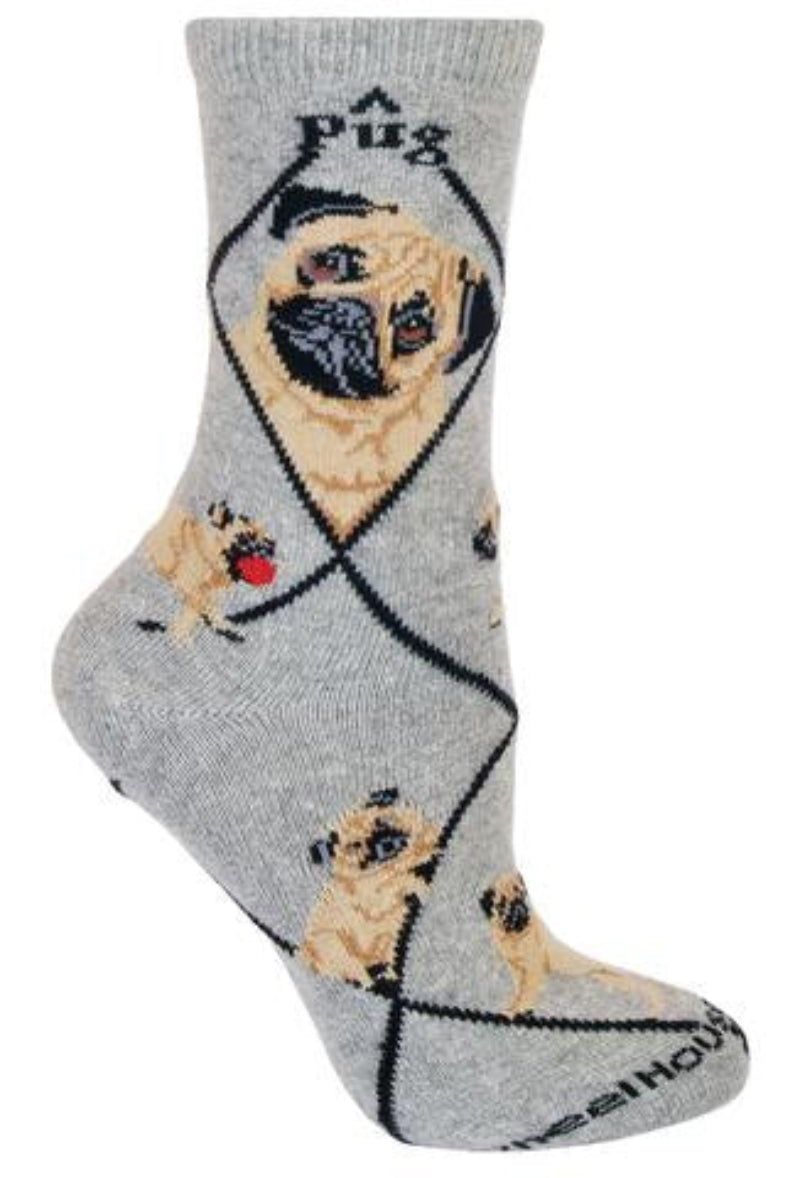 Wheel House Designs gives Fawn colored Pugs their own Sock on a Grey background. Black Diamonds are all over the Sock and Pug in Black Bold Print are on both sides. There are two different Profiles of the Fawn Pug. One is serious looking and the other looks like it is saying, "Who Me?" The Poses are one with a Red Ball, one Walking and one Sitting.