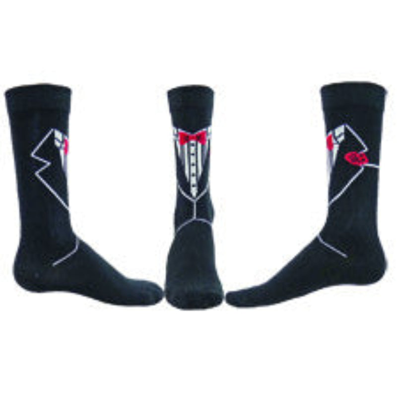 This photo shows Left, Right and Front views of Wright Avenue Mens Tuxedo Sock. On a Black background is a White Shirt with Black Studs. A Red Bow Tie matches a Red Rose in the Pocket. The Vest and Collar are outlined in White Piping.