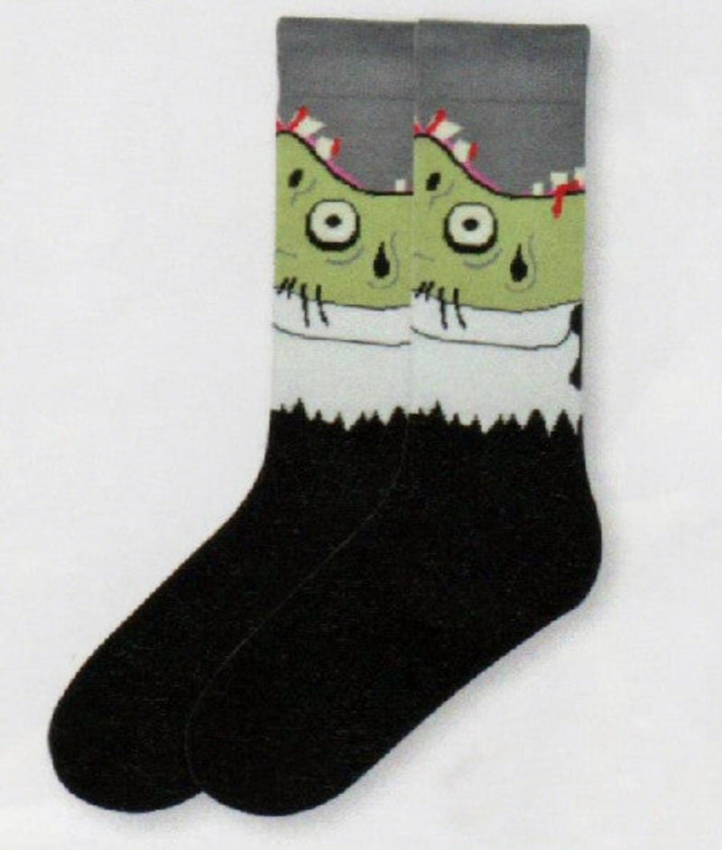K Bell Mens Zombie Socks is a Guy wearing a Black Suit and White Shirt with a Red Tie. The only problem is he is Green and Bleeding.