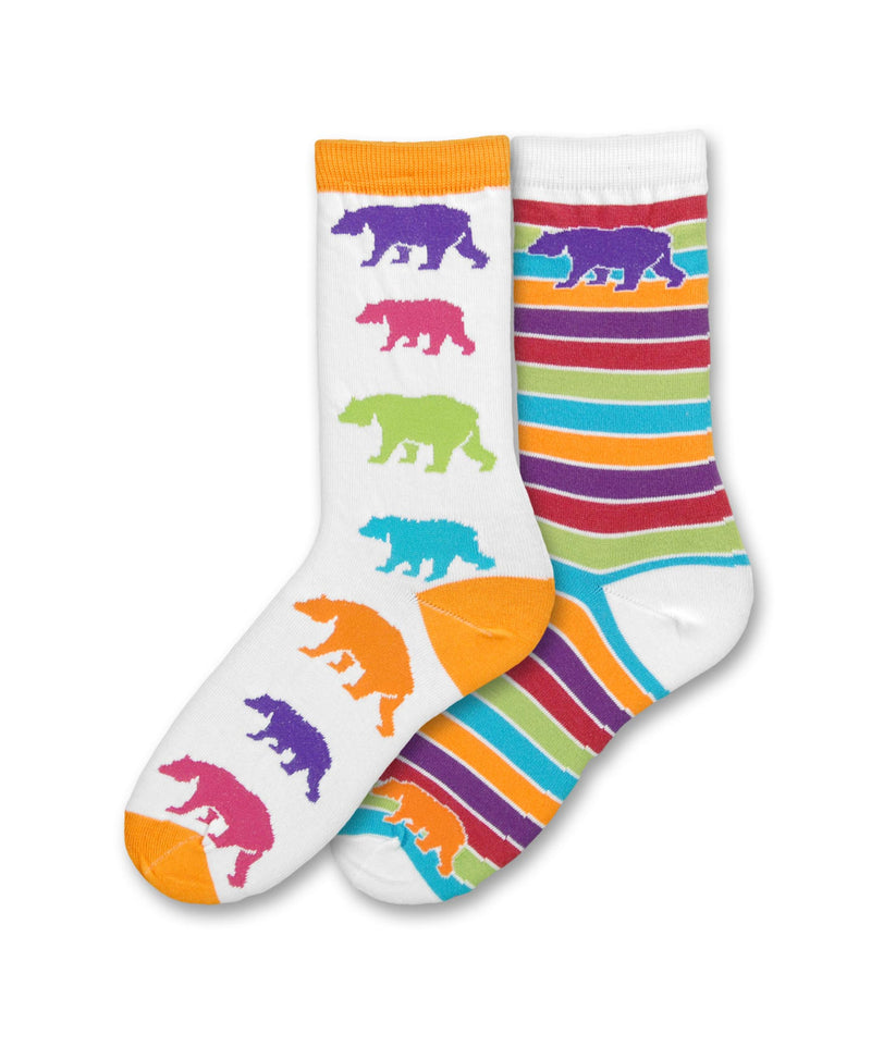 SMALL SIZE ONLY: FBF Bear Mismatched Socks one has a White background and Bright Colors for Bears. The next Sock uses those Colors for Horizontal Rows.