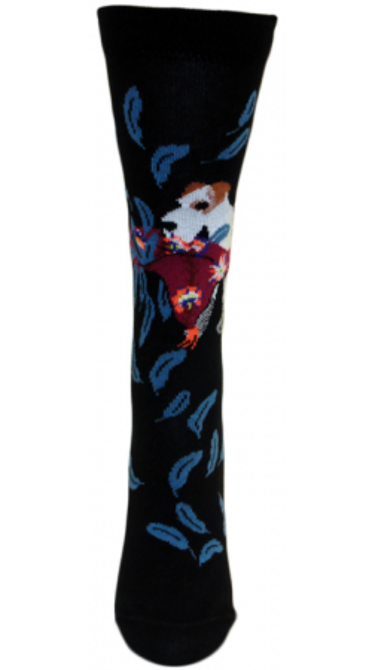 Ozone Feathers Fly Sock front view shows the face Brown, White and Black face of a Dog with a Purple Pillow with Blue Feathers flying all around the sock.