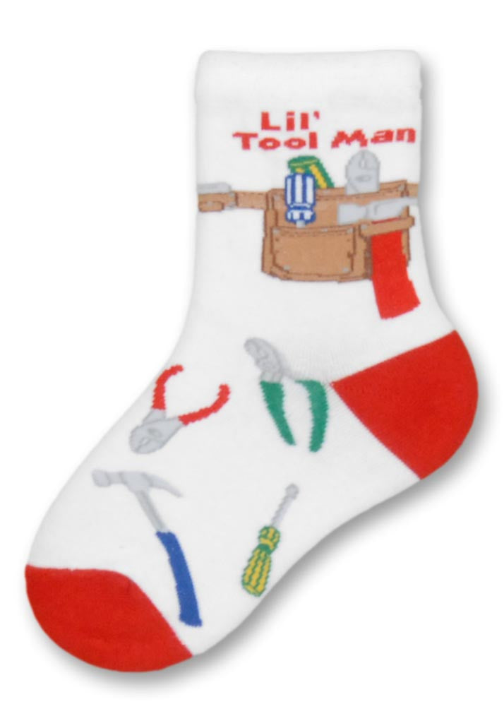 Lil Tool Man Sock Red Heels and Toes with a Tool Belt on Top and Tools in all Colors around the Sock.