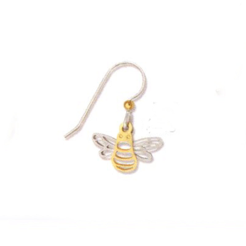 Bee-shaped earring with gold and silver finish on a white background