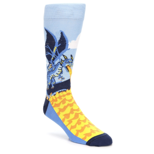 boldSOCKS Blue Orange Dragon Socks shows Dragon Flying  in his Blue and Gold flames.