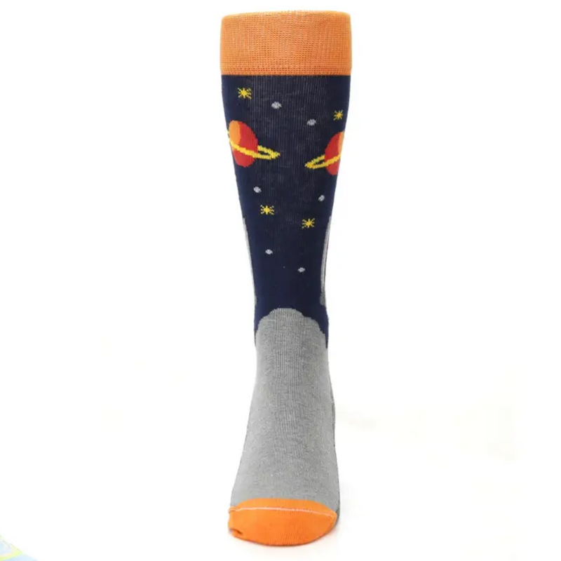 Blue Orange Spaceship Socks for Men shows the Front of the Sock. The Grey of the Planet and the Space above. Stars and 2 Planets with Rings are shown.