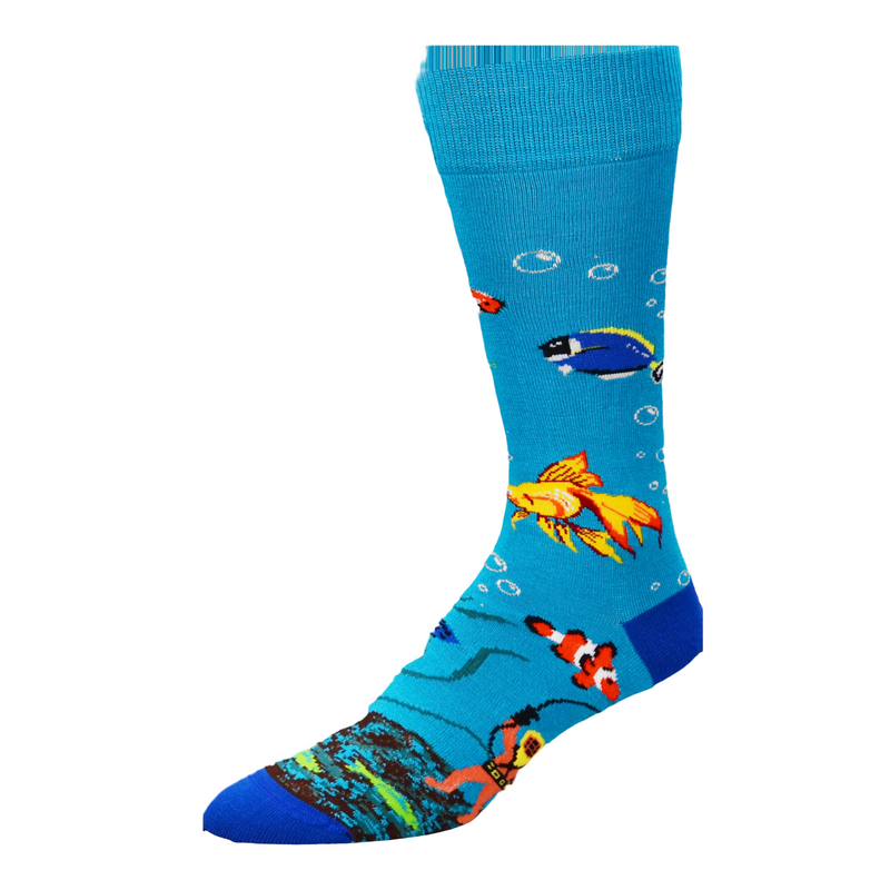 Blue sock with fish design on a white background