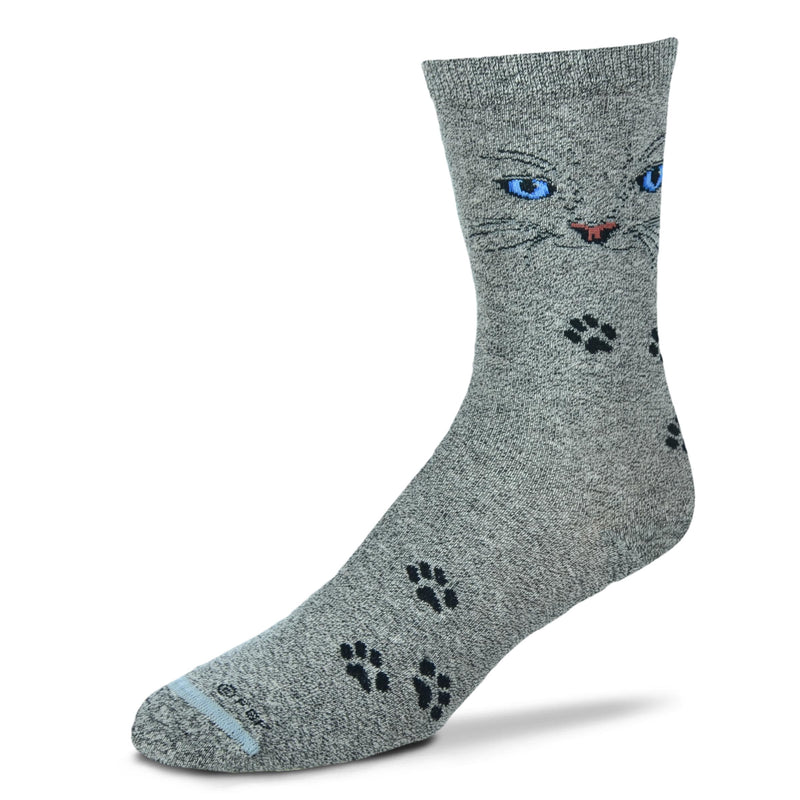 Grey Marbled Sock with Cat Face of Blue Eyes, Pink Nose and Many Paw Prints on a White Background.