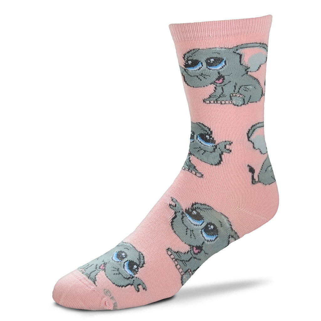 FBF Elephant Jumbo Eyes Socks is on a Pink background. The Elephants are all over in Grey with Black outlines and Black Eyes. Pink Ears, Tongue and Toenails. Light Blue around Eyes.