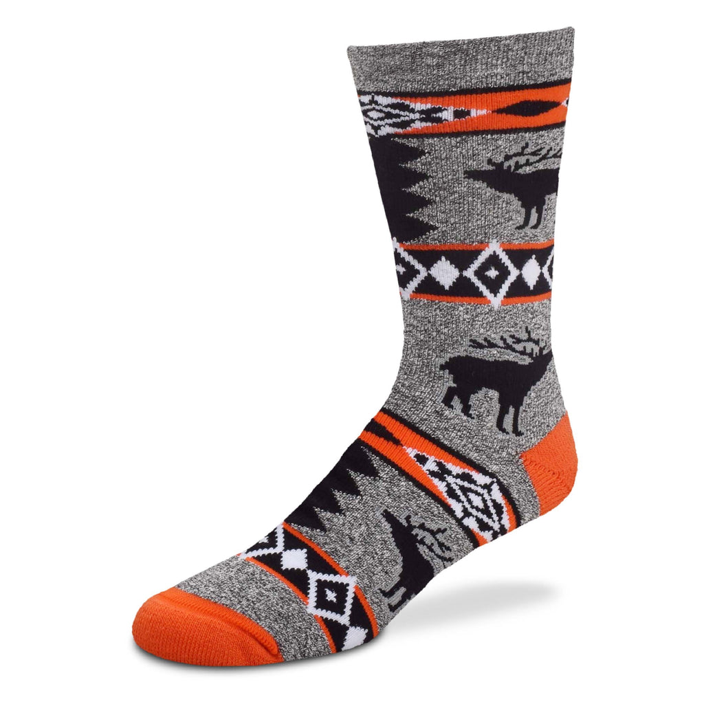 FBF Elk Blanket Sock has Marble Grey background with Chrome Orange Heels and Toes. The Elk are Silhouettes. The Rows are Diamonds in Chrome Orange, Black and White.