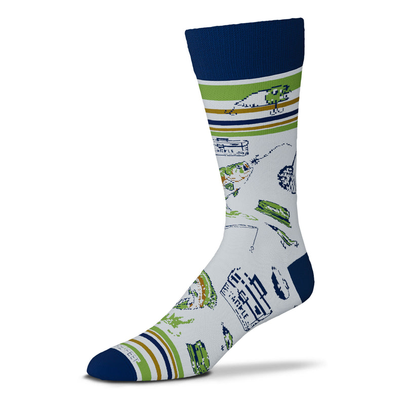 FBF Great Outdoors Fishing Sock starts on a Bright White background with Berkeley Blue on the Cuffs, Heels, and Toes, it also runs in a few Stripes and Blues in the Designs of Fish, Rods and Tackle Boxes. The Green Moss are the Stripes and Spring Bud Green is on the Water, Fish and Lures.