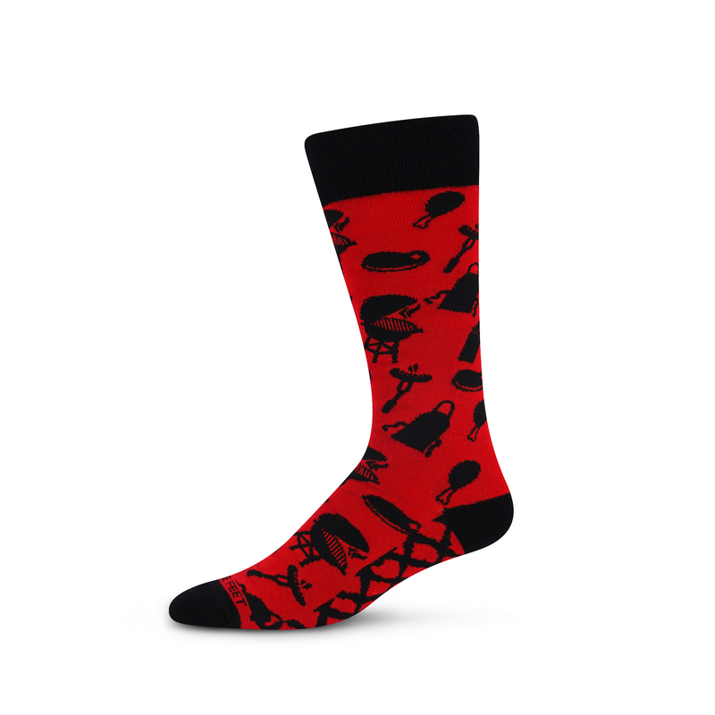 FBF Grilling Sock is made with background of Red. The Graphics, Cuffs, Heels and Toes are Black. Graphics are all about Grilling outdoors. Kettle Grills, Long Forks,    