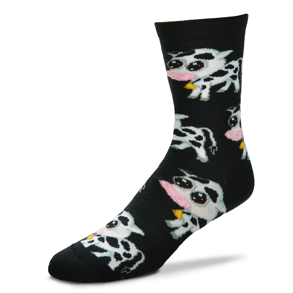 Black sock with cow pattern on a white background