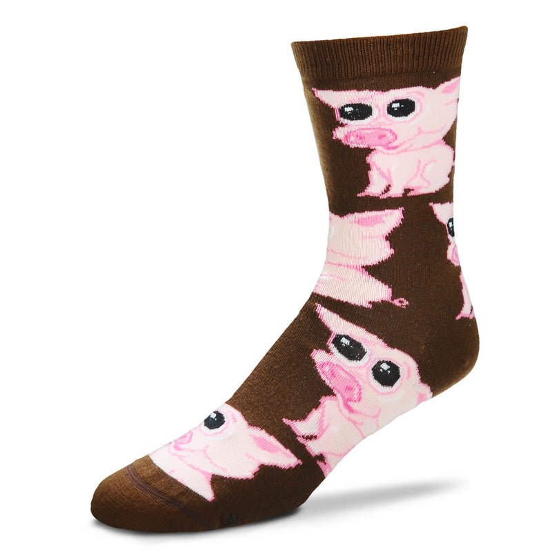 FBF Pigs Jumbo Eyes Socks start on a Brown background. The Pigs are Pink and Barbie Pink for the detail lines, Ears, Nose, Mouth, Tail, and Feet. The Jumbo Eyes are Black with White reflection dots. 