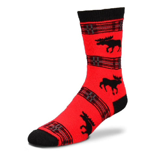 FBF Moose Plaid Sock has a Red background with Black Cuffs, Heels, and Toes. The Plaid is in Blacks and Reds. The Moose are Silhouettes.