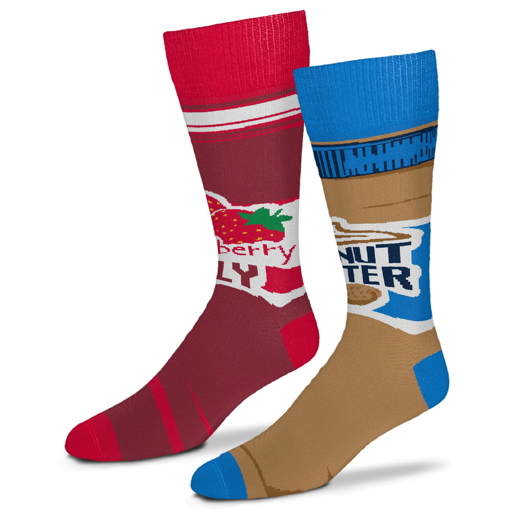 FBF Peanut Butter Sock is Original Blurple, Oxford Blue for words, Brown Sugar and Camel. The Strawberry Jelly Sock is Scarlet, Blood Red, Strawberry, Hooker's Green. Both Socks have White. 