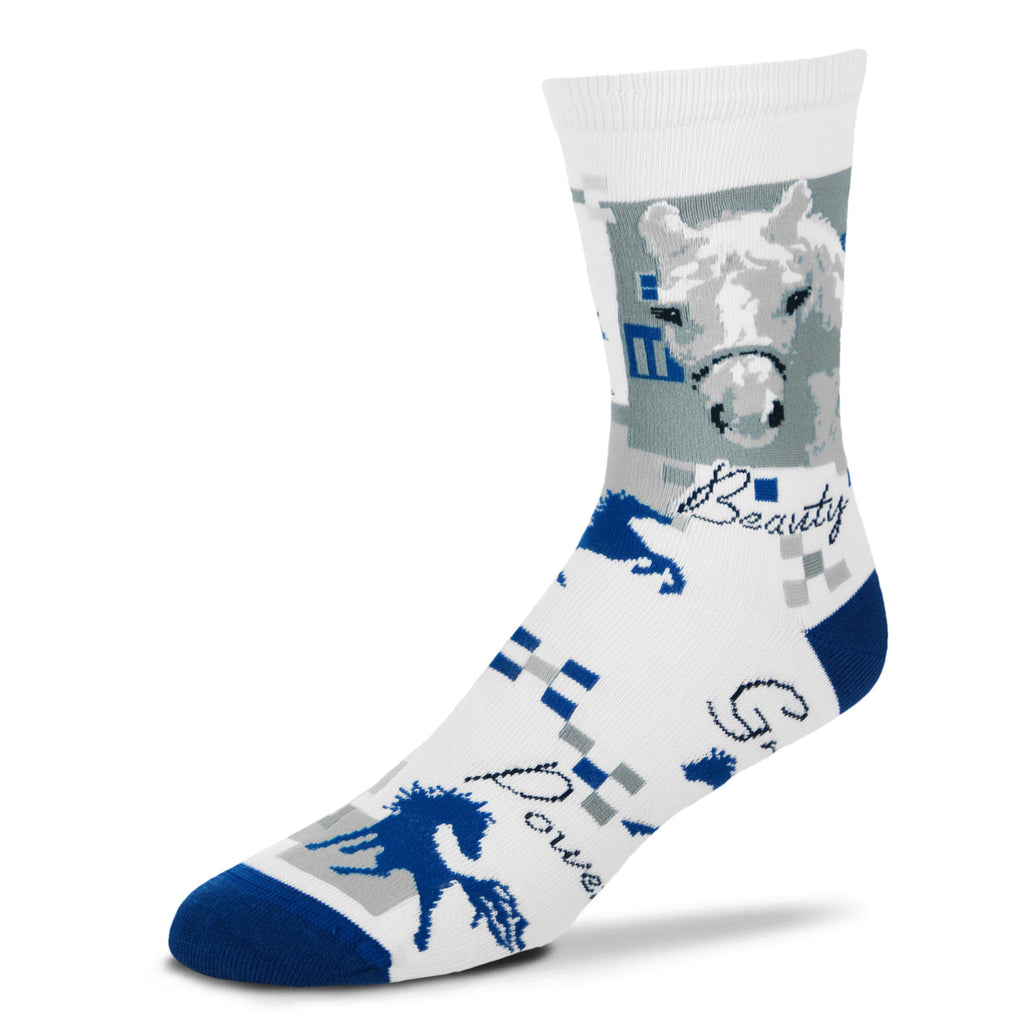 Sock with horse design and text on a white background