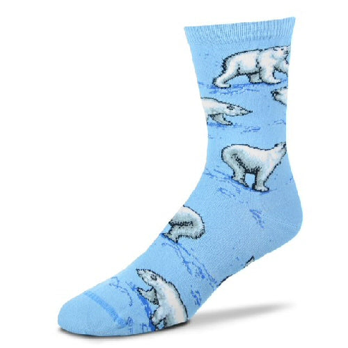 FBF Playful Polar Bears are on a background of Carolina Blue. The Polar Bears are White, Grey and Black all over the Sock.