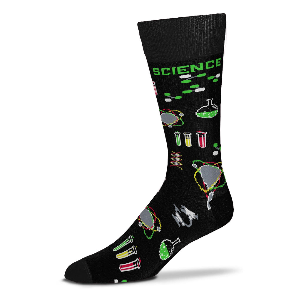 FBF Science Sock begins on a Black background with Bright Neon Green Science under the Cuff. Graphics begin with Molecules, Flasks, Atoms, Test Tubes and other Graphics all the way to the Toes.