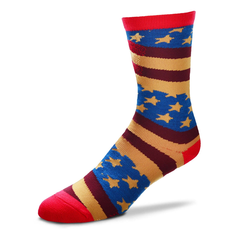 FBF Vintage Flag Sock is Warm Red on Cuffs Heels, and Toes. The Stars and one stripe is a Tan Color, another is Blue the last is a Dark Wine.