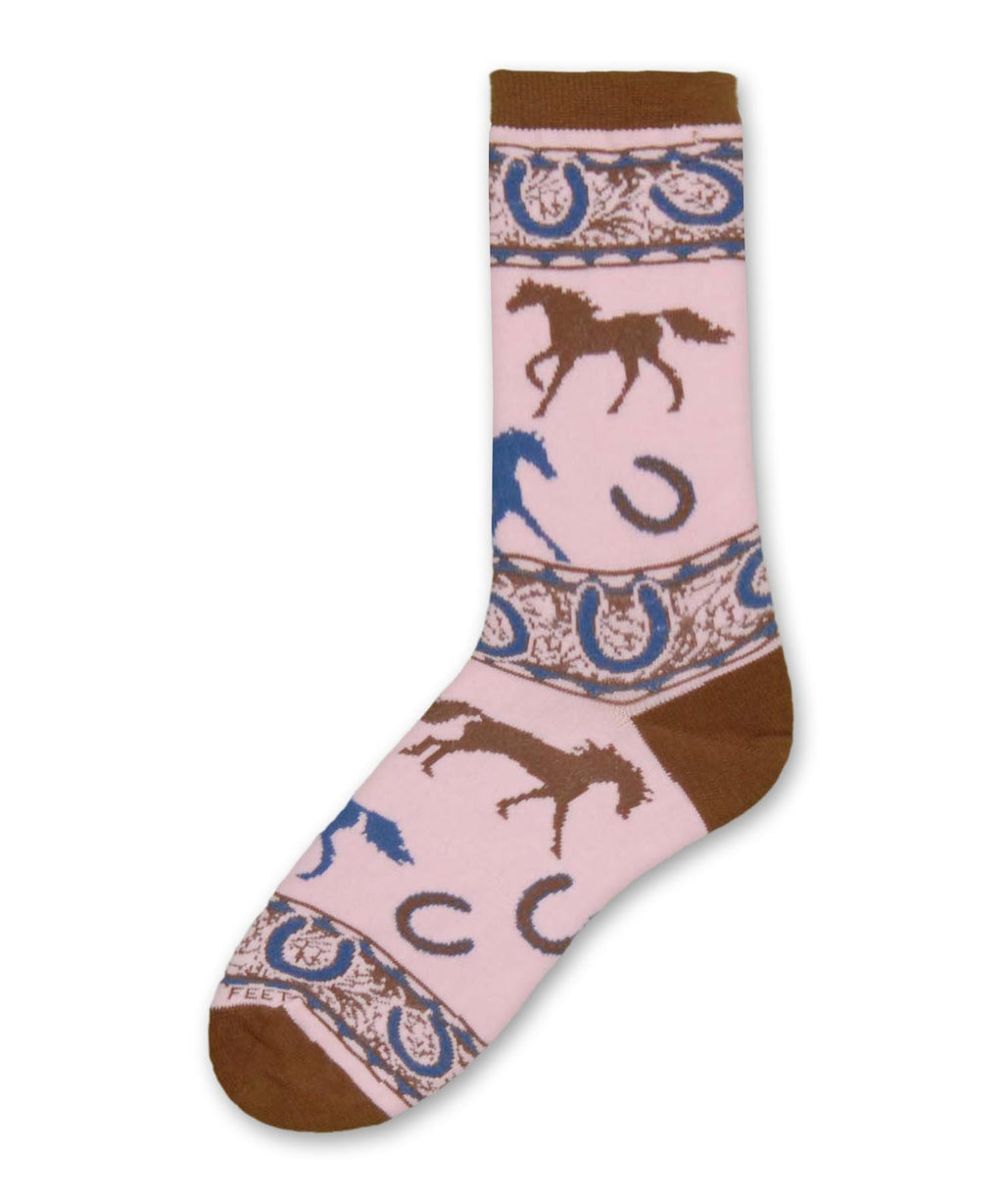 Sock with Brown and Blue Horses and Horseshoe patterns on a pink background.