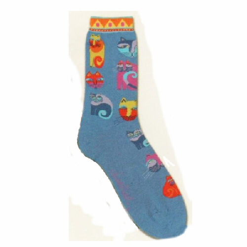 Laurel Burch Feline Festival Sock starts on Blue background with faces and bodies of Cats. The Cuff is like Bunting. The colors in this Sock are bright Teal, Orange, Yellow, Magenta, Indigo, Lavender and Lime.