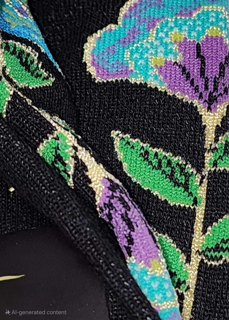 Close-up of a floral pattern with green, purple, and blue colors on a black background.