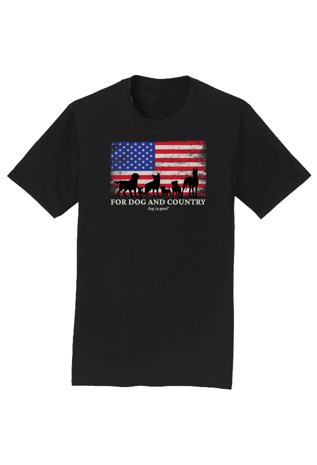 Black t-shirt with American flag and Dog Silhouettes plus text on a cream background