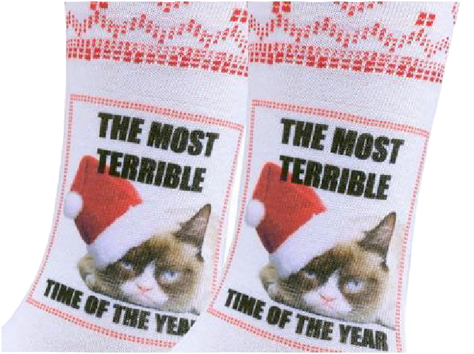 Two socks with a grumpy cat wearing a Santa hat and text 'The Most Terrible Time of the Year' on a white background.