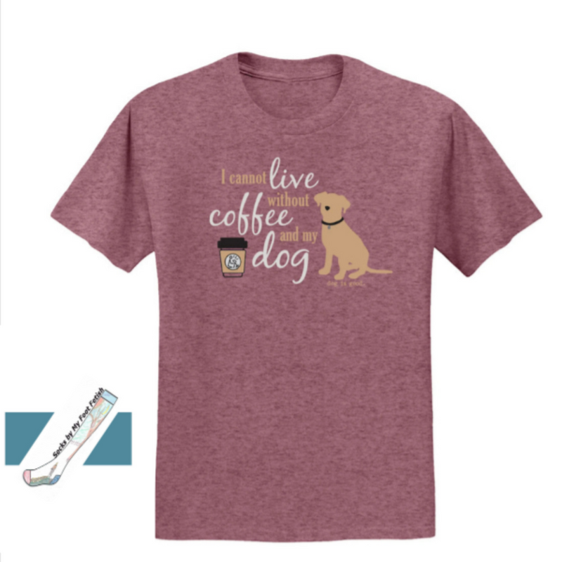Maroon t-shirt with text 'I cannot live without coffee and my dog' and a dog illustration on a white background.