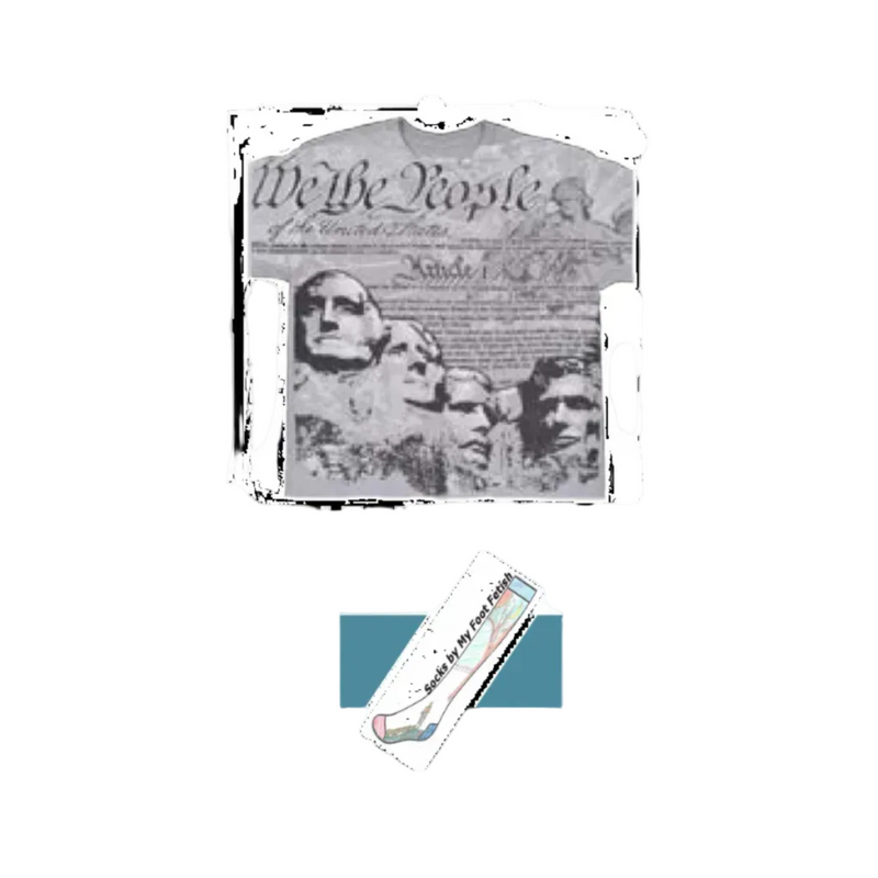 T-shirt with a graphic design of Mount Rushmore and text on a white background