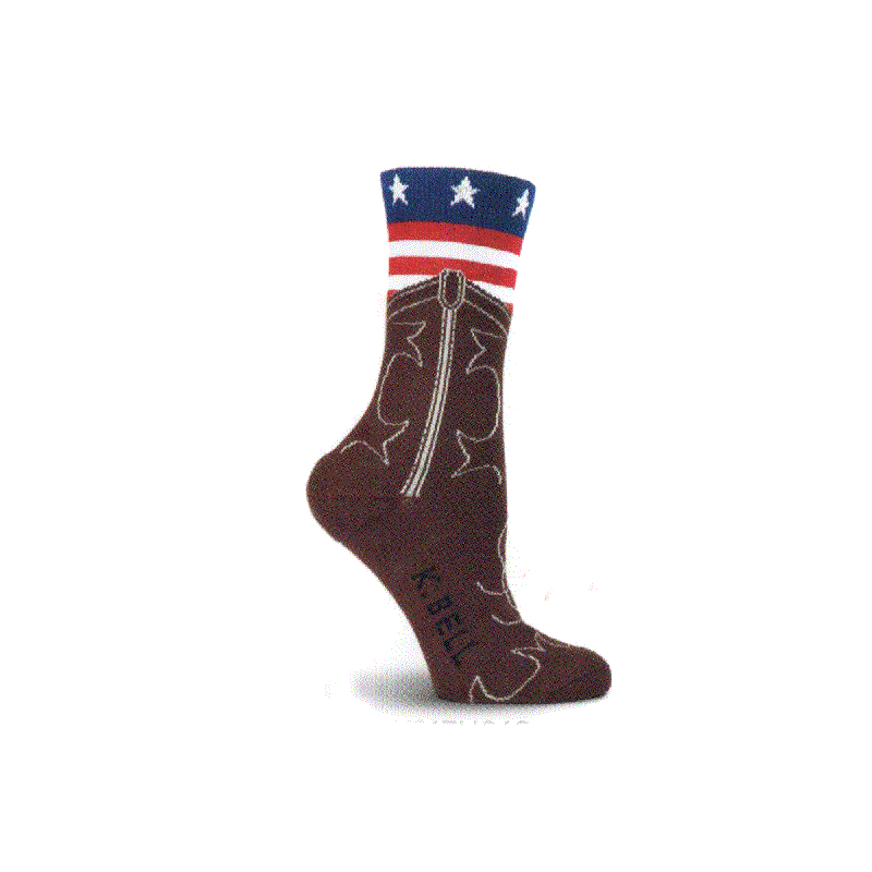 K Bell Womens American Made American Flag Boot Sock starts with a Western Cowboy French Roast boot, detailed with a Cream White Stitch. The boot has the American Flag in Red and White with Blue and 5 point stars..