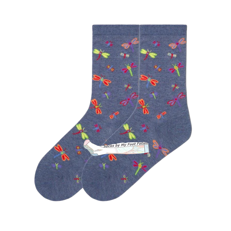 Blue sock with colorful dragonfly pattern on a white background