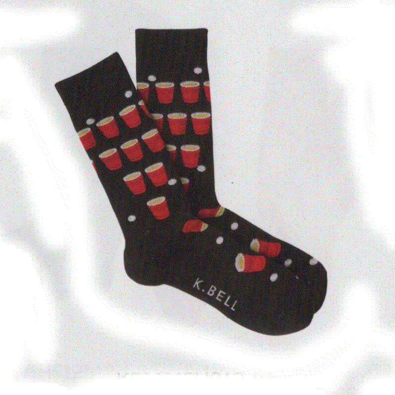 K Bell Beer Pong Socks for Men come in Large. Starts off on a Black background with Red Cups full of Amber Beer. The Cups are lined up for throwing the White Pong Balls into them. Some at the top of the foot and near the toes have fallen over.