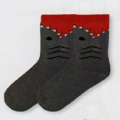 K Bell Kids Shark Sock is the Body of the Shark as Charcoal Grey, Black Chevrons for Gills and his Eye. White Teeth with a Bright Red Cuff Mouth. 