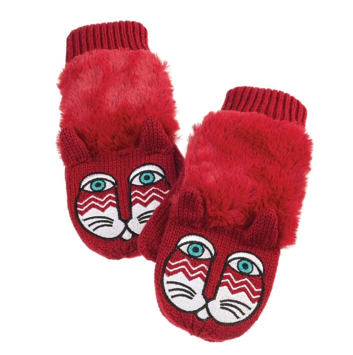 This Mitten is Red with Knitted Acrylic. The Fluffy Fur is on the Front with Knitted Ears. The Cat's Face is on the Hand's Back in Red, Silver, White, Black and Celestial Blue.
