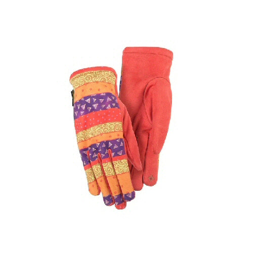 Laurel Burch Patchwork Stripes Gloves has Touchscreen detail on both hands. They are Bright Carmine on the inner hand. The backside has Stripes of Patchwork in various Swirls, Triangles and Dots. Colors Dark Purple, Coral, Carmine, Tiger's Eye and English Lavender.