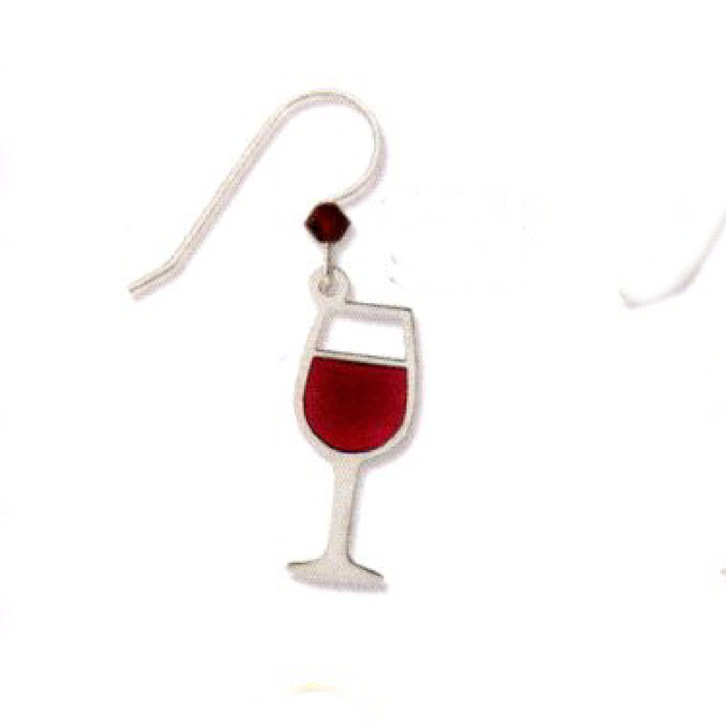 Silver earring with a red glass of wine charm on a white background