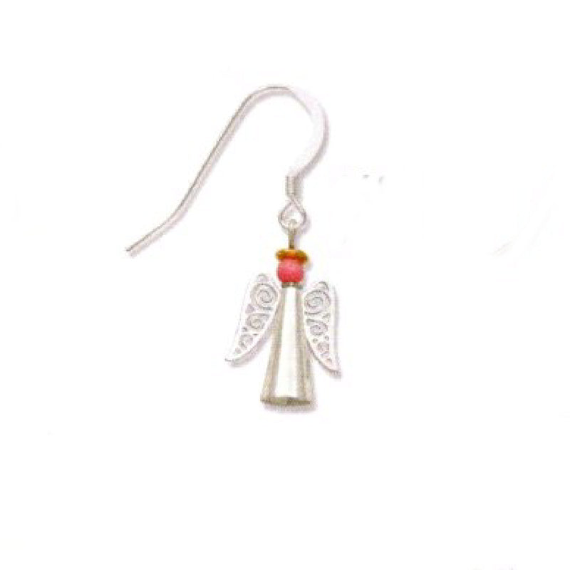 Silver angel wing earring with pink bead on a white background