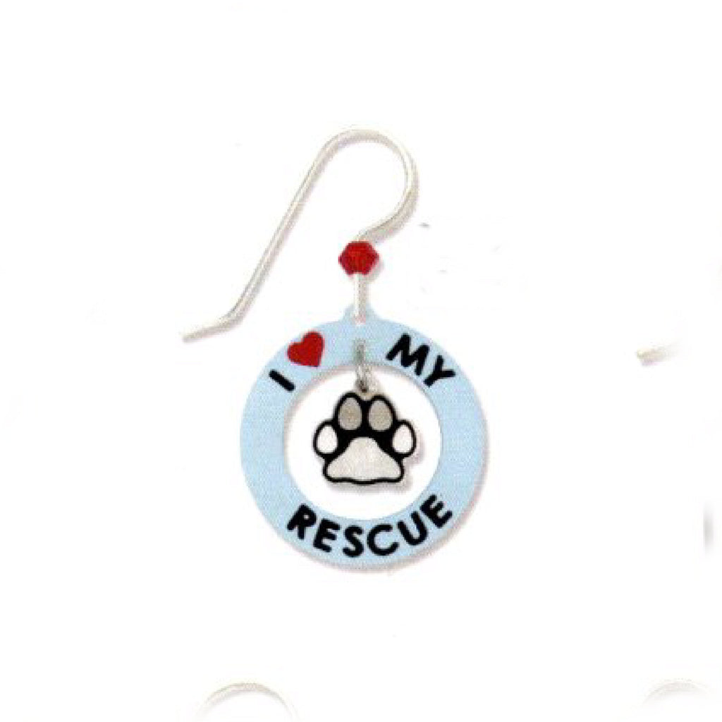 Earring with 'I love my rescue' and paw print design on a white background