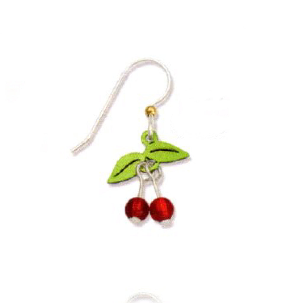 Earring with Green Leaves and Red Cherries on a White background