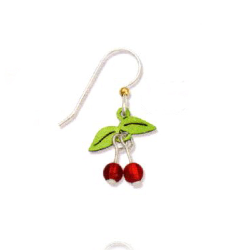 Earring with Green Leaves and Red Cherries on a White background