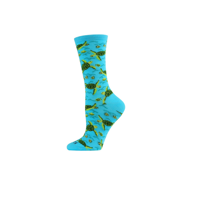 Blue sock with green turtle pattern on a white background