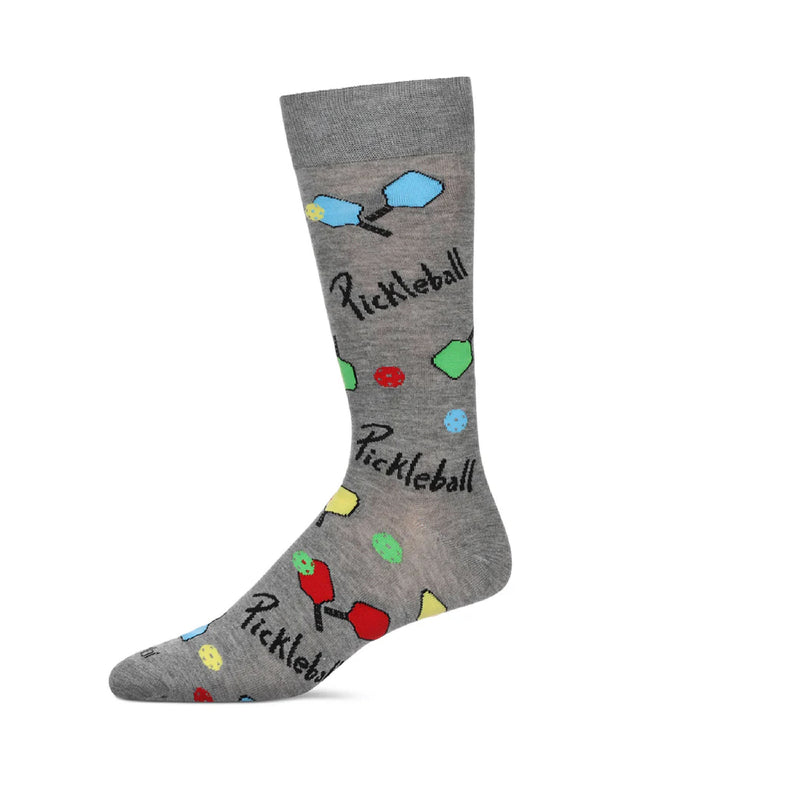 Gray sock with pickleball-themed designs on a white background