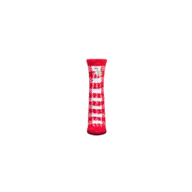 Red sock with white pattern on top is a White Cat hiding in the ladder a white background