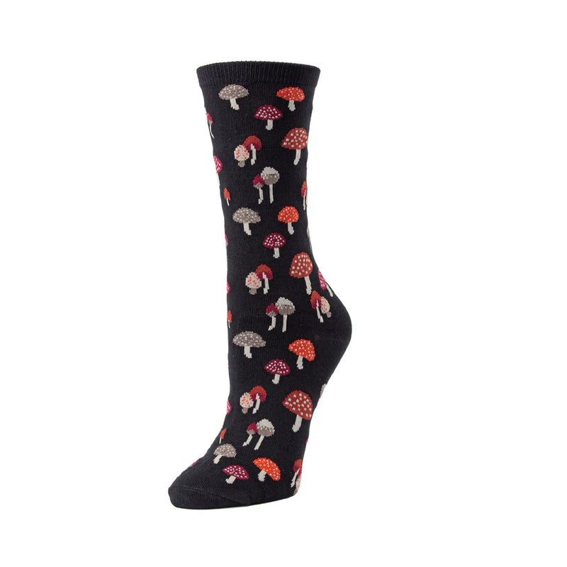 Black sock with colorful mushroom pattern on a white background