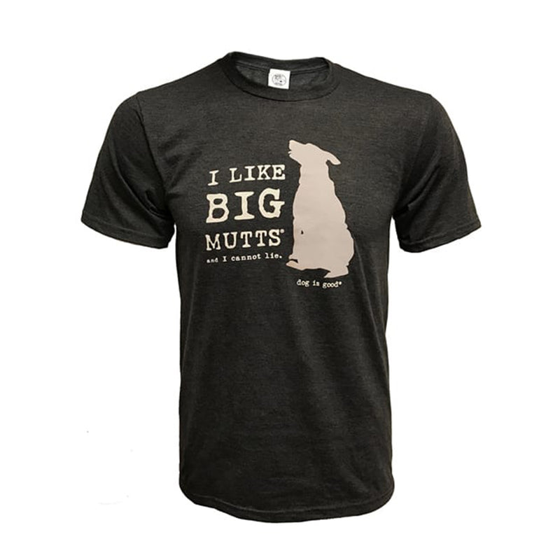 Grey t-shirt with 'I Like Big Mutts' text and Dog graphic on a white background